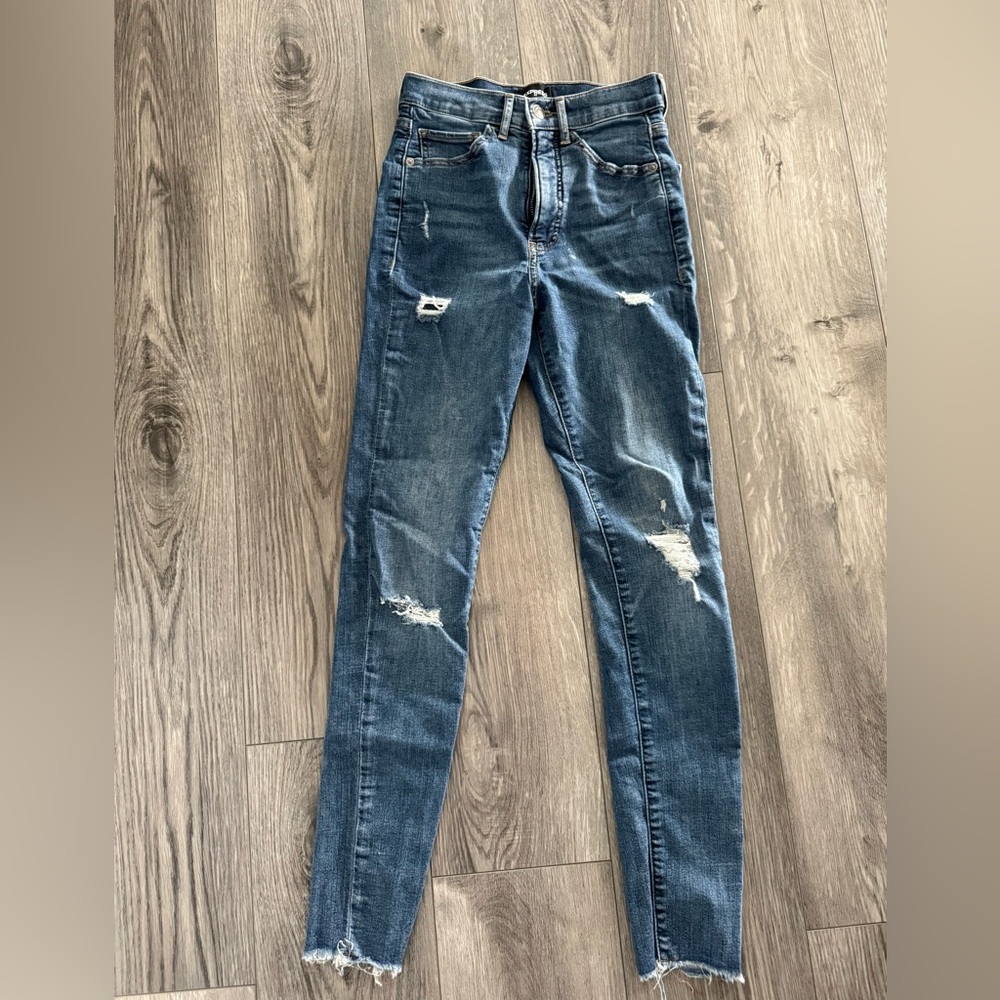 Express High Rise Skinny Jeans 00R Distressed Raw Hem Hyper Stretch